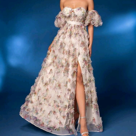 Elegant Off-Shoulder Detachable Puff Sleeve Floral Mesh Gown Elegant Dress - Picture 3 of 7